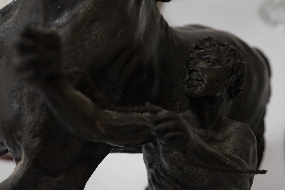 Spelter and Metalware to include a pair of candlesticks and Marly Horse group, largest 35cm high. Condition - poor